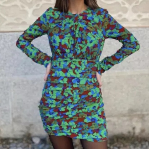 NWT! Zara Green Blue Floral Multicolored Draped Front Top Slit  Mini Dress XL - Picture 2 of 13